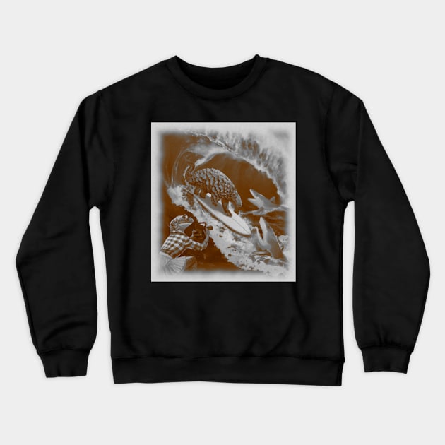 black and white pangolin surfing with sharks Crewneck Sweatshirt by Catbrat